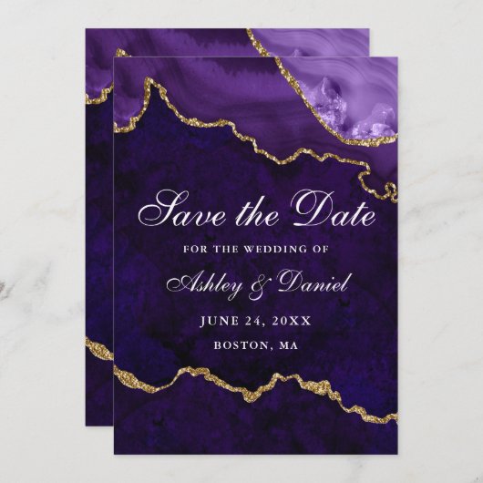 水彩パープル ゴールド マーブル アゲート ジオード セーブザデート (正面/裏面)