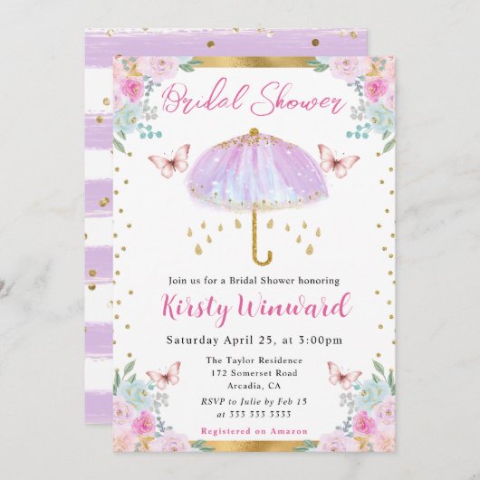 水彩パープル スプリング傘 ブライダルシャワー 招待状 (正面/裏面)