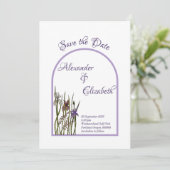 水彩パープル&ブルーアイリス日付を保存 招待状 (スタンド正面)