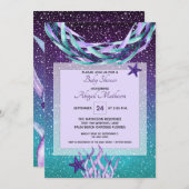 水彩パープル+海のベビーシャワーの下のティール（緑がかった色） 招待状 (正面/裏面)