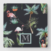 水彩パームパターン |イニシャルの追加 スクエア壁時計 (正面)