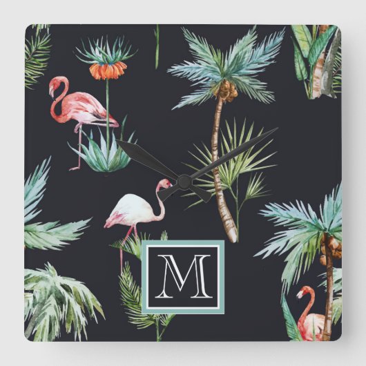 水彩パームパターン |イニシャルの追加 スクエア壁時計 (正面)