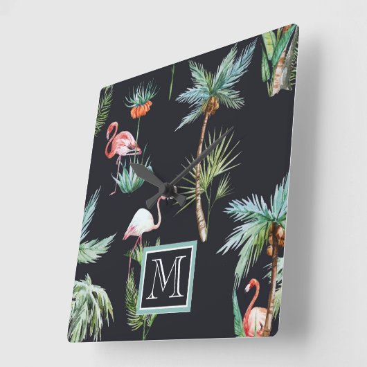 水彩パームパターン |イニシャルの追加 スクエア壁時計 (傾斜)