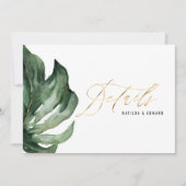 水彩パームリーフの葉の茂みとゴールドの結婚式のディテール 案内状 (正面)