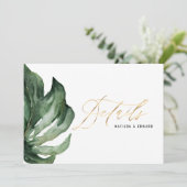 水彩パームリーフの葉の茂みとゴールドの結婚式のディテール 案内状 (スタンド正面)