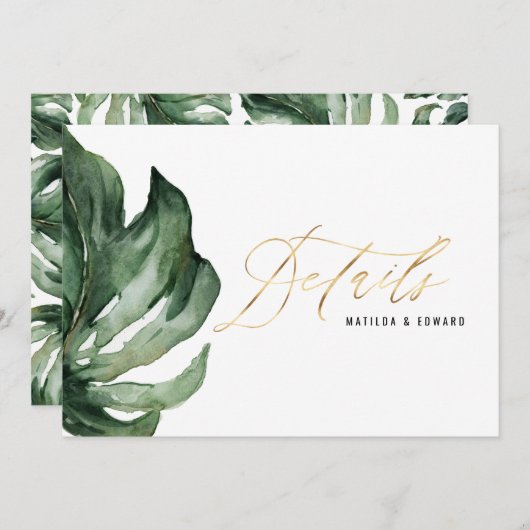 水彩パームリーフの葉の茂みとゴールドの結婚式のディテール 案内状 (正面/裏面)