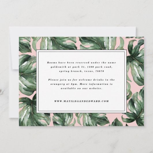 水彩パームリーフの葉の装飾とゴールドの結婚式のディテール 案内状 (裏面)