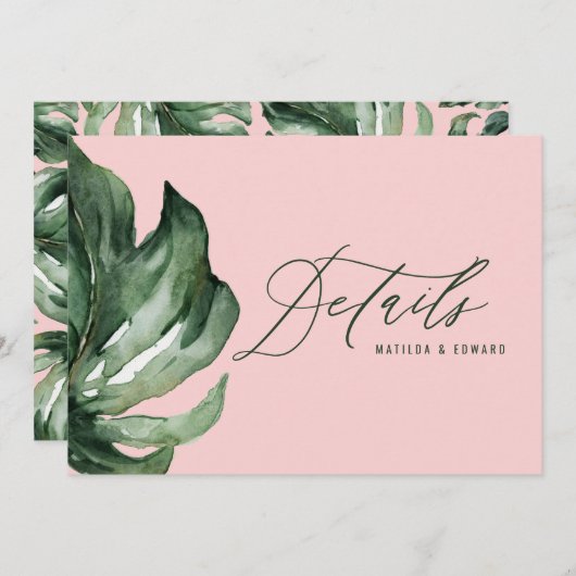 水彩パームリーフの葉の装飾とゴールドの結婚式のディテール 案内状 (正面/裏面)