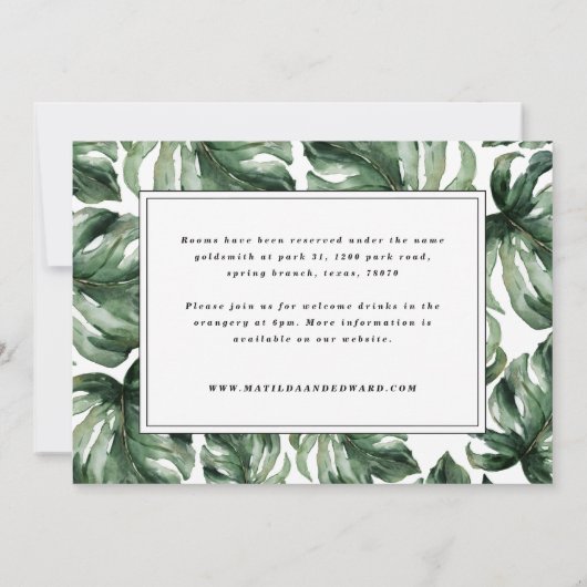 水彩パームリーフの葉の装飾とゴールドの結婚式のディテール 案内状 (裏面)