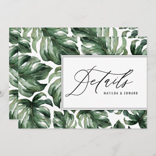 水彩パームリーフの葉の装飾 ウェディングの詳細 案内状 (正面/裏面)