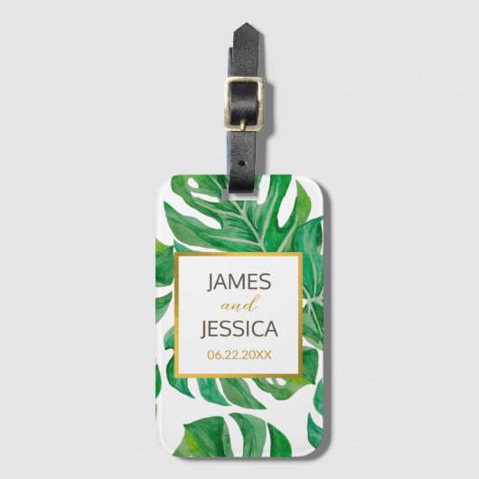 水彩パーム葉パーソナライズされた結婚式の引き出物 ラゲッジタグ (正面縦)