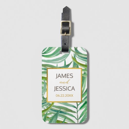 水彩パーム葉パーソナライズされた結婚式の引き出物 ラゲッジタグ (正面縦)
