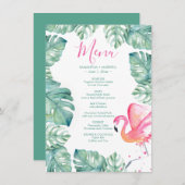 水彩パーム葉ピンクフラミンゴ熱帯メニュー 招待状 (正面/裏面)