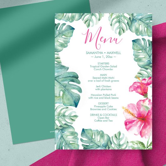 水彩パーム離れピンクのハイビスカストロピカルメニュー 招待状