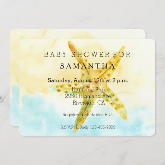 水彩ヒトデの赤ちゃんシャワー 招待状 (正面/裏面)
