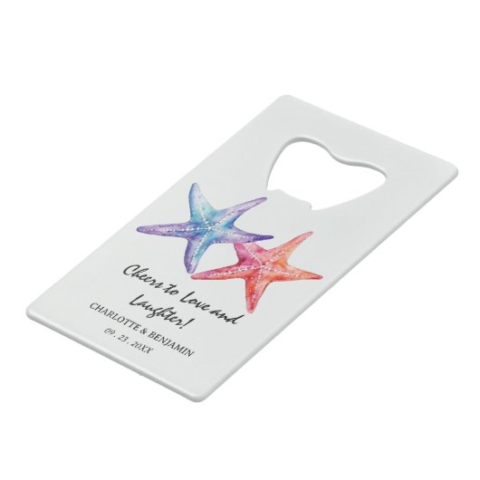 水彩ヒトデビーチ結婚式のお願い クレジットカード栓抜き (正面アングル)