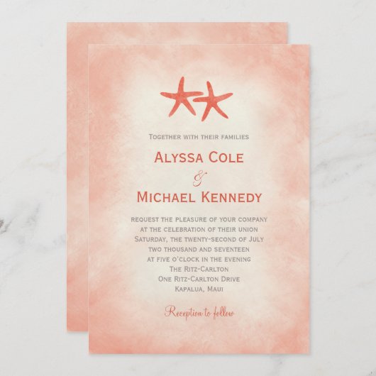 水彩ヒトデビーチ結婚式招待状サンゴ 招待状 (正面/裏面)