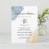 水彩ヒトデ埃っぽいブルー沿岸婚約 招待状 (スタンド正面)