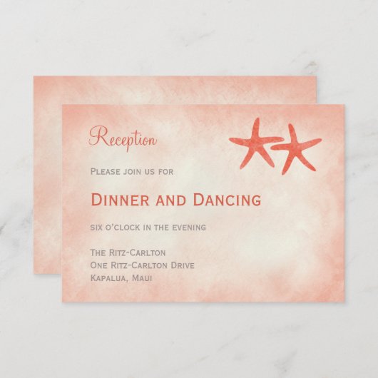 水彩ヒトデ結婚式レセプションカードサンゴ エンクロージャーカード (正面/裏面)