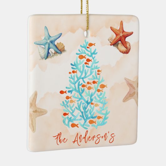 水彩ヒトデ貝殻サンディビーチクリスマス セラミックオーナメント (右)