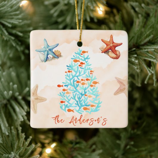 水彩ヒトデ貝殻サンディビーチクリスマス セラミックオーナメント (ツリー)