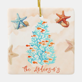 水彩ヒトデ貝殻サンディビーチクリスマス セラミックオーナメント