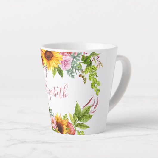 水彩ヒマワリフローラピンク名 カフェラテマグ (右アングル)