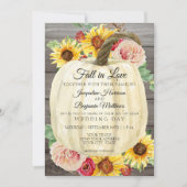 水彩ヒマワリフローラホワイトカボチャ木製 招待状 (正面)