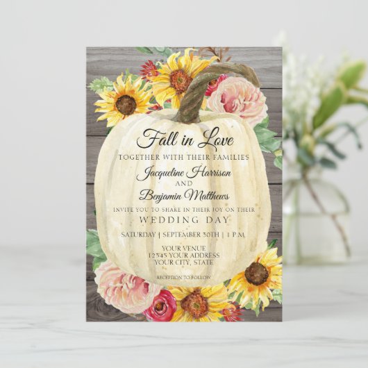 水彩ヒマワリフローラホワイトカボチャ木製 招待状 (スタンド正面)