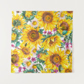 水彩ヒマワリ夏ヴィンテージ継ぎ目 タペストリー (正面(横))