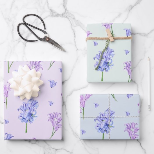 水彩ヒヤシンスの花紫と青のフローラ  ラッピングペーパーシート (正面)