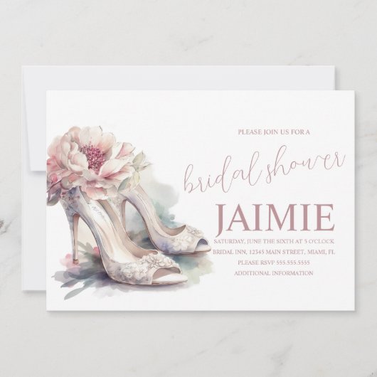 水彩ヒールフローラブライダルシャワー赤面ピンク 招待状 (正面)