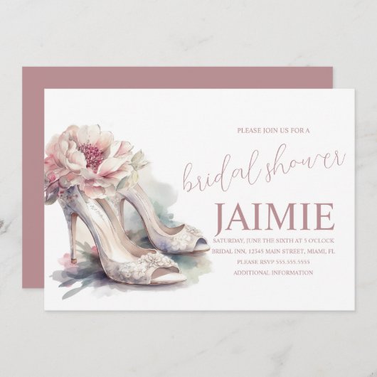 水彩ヒールフローラブライダルシャワー赤面ピンク 招待状 (正面/裏面)