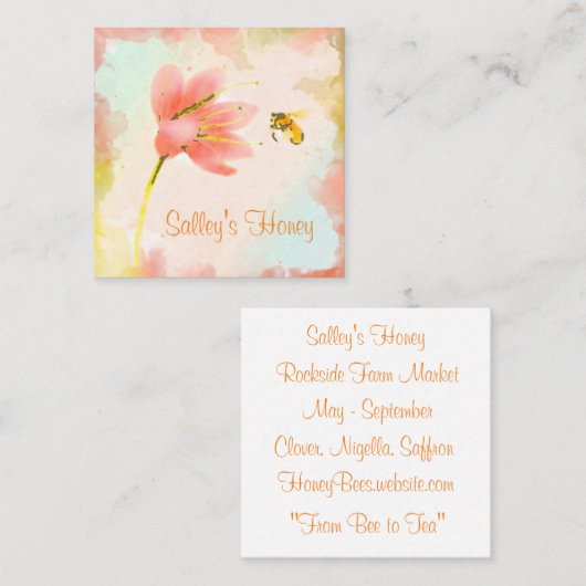 水彩ビーとフラワーハニービジネスカード スクエア名刺 (正面/裏面)
