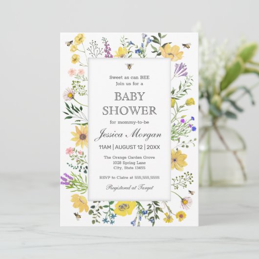 水彩ビーと繊細なワイルドフラワー赤ちゃんシャワー 招待状 (スタンド正面)