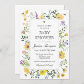 水彩ビーと繊細なワイルドフラワー赤ちゃんシャワー 招待状 (正面/裏面)