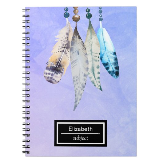 水彩ビーズ'n青紫色の羽毛 ノートブック (正面)