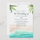 水彩ビーチとパームツリーの写真 ウェディング 招待状 (正面)