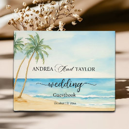 水彩ビーチとパームツリーエレガントな結婚式 ゲストブック