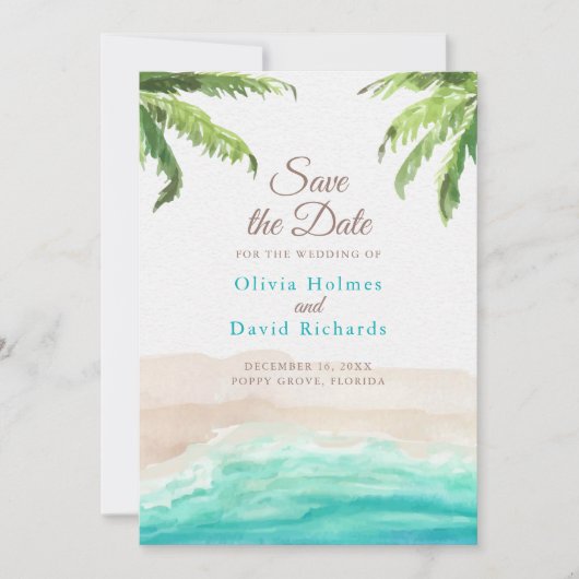 水彩ビーチと手のひら離れの日付の保存 セーブザデート (正面)