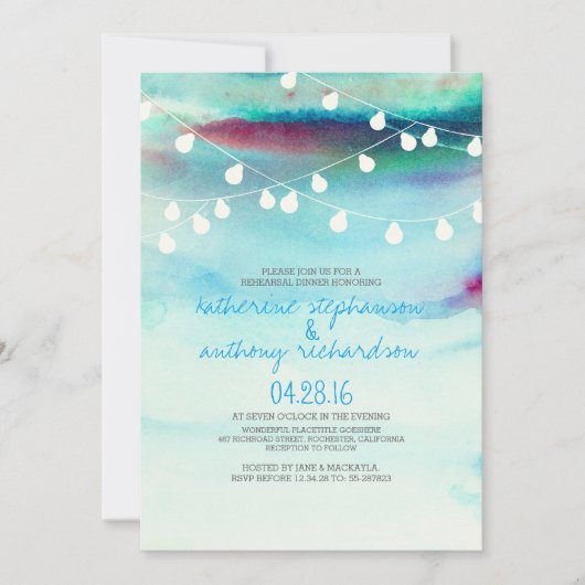 水彩ビーチのストリングライトリハーサル夕食会 招待状 (正面)