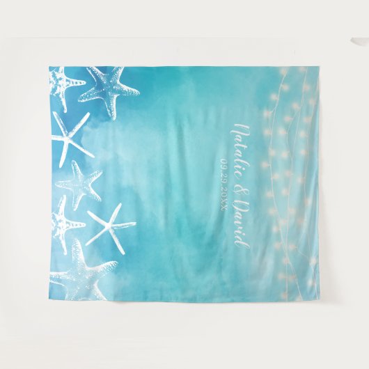 水彩ビーチのヒトデ結婚の夏の背景 タペストリー (正面(横))