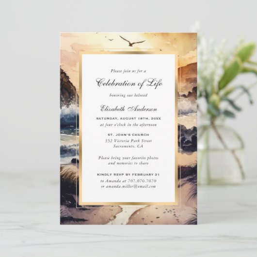 水彩ビーチアットサンセットお祝いオブライフ 招待状 (スタンド正面)