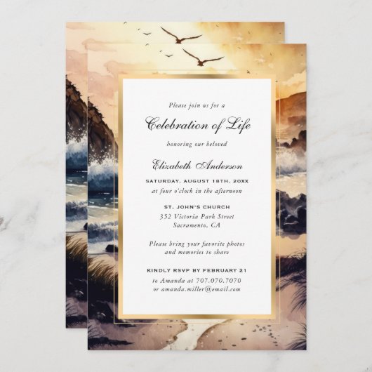 水彩ビーチアットサンセットお祝いオブライフ 招待状 (正面/裏面)
