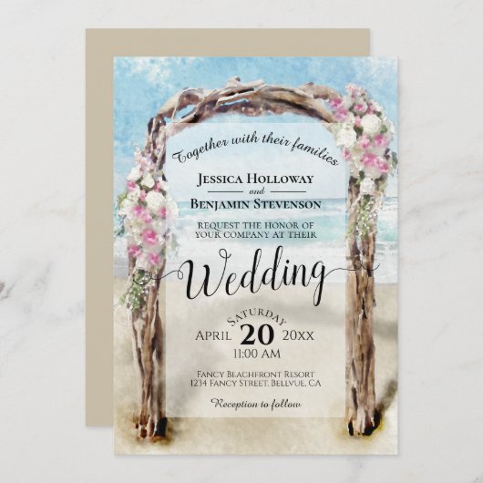 水彩ビーチアーバーピンク&ホワイトローズ結婚ズ 招待状 (正面/裏面)