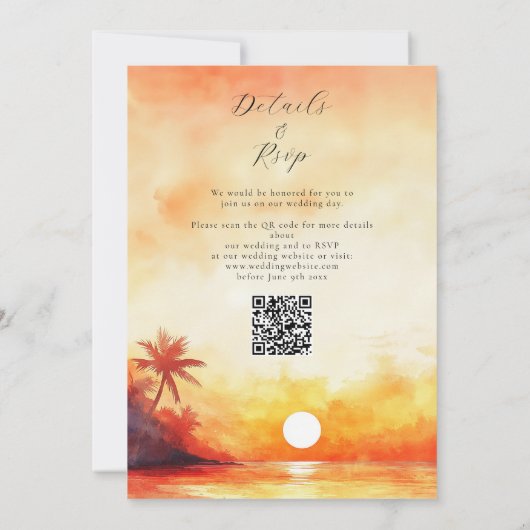 水彩ビーチオレンジサンセットQRコード結婚ズ 招待状 (裏面)