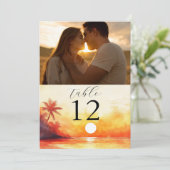 水彩ビーチオレンジ色サンセットフォトテーブル番号 招待状 (スタンド正面)