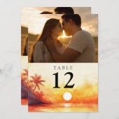 水彩ビーチオレンジ色サンセットフォトテーブル番号 招待状 (正面/裏面)