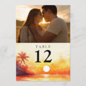水彩ビーチオレンジ色サンセットフォトテーブル番号 招待状 (正面)