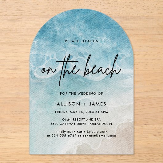 水彩ビーチオンビーチ結婚式 アクリル招待状 (正面)
